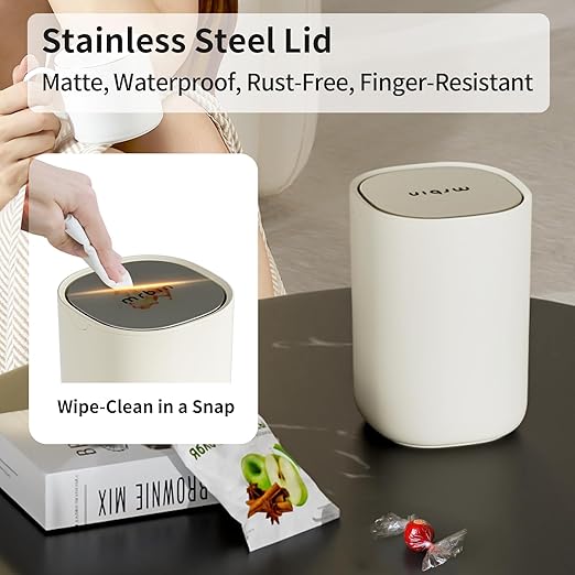 MRBIN Desk Mini Trash Can, 0.4 Gallon Table Top Plastic Waste Basket with Stainless Steel Lid, Small Garbage Bin for Car, Bedroom, Coffee Bar, Vanity Countertop, White