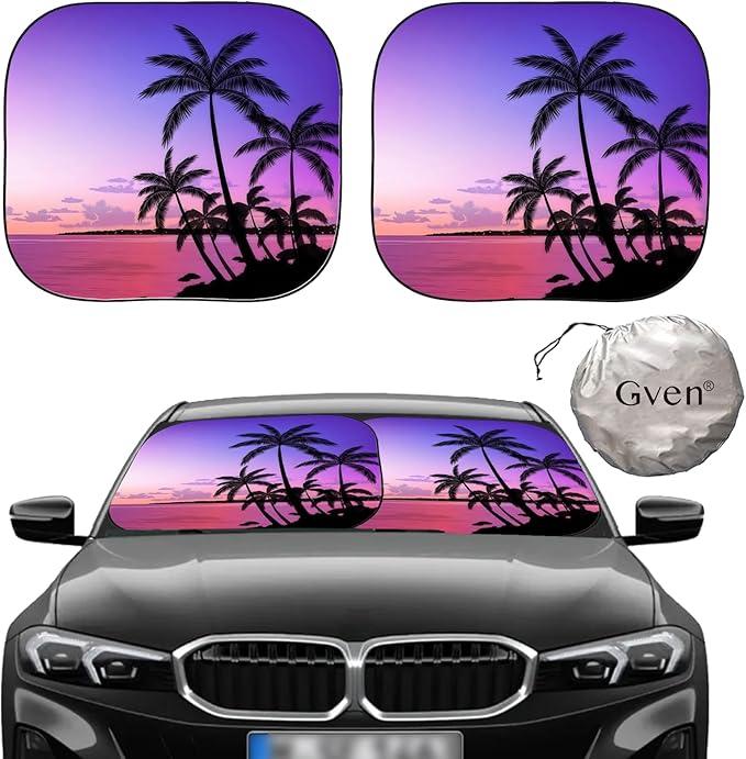 Gven Windshield Sun Shade for Car 2-Piece Foldable Sunshade for Front Windows, Blocks UV Rays, Automotive Interior Sun Protection Car Summer Accessories（Sunset,M）