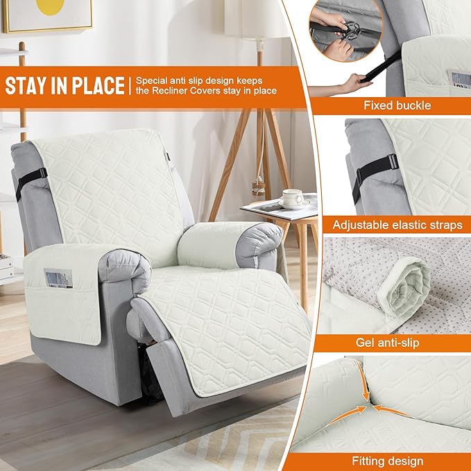 VANSOFY 100% Waterproof Recliner Chair Covers, Recliner Cover Non-Slip Dog Chair Cover Furniture Protector Washable Slipcover with Pocket, Elastic Straps for Pets, Dogs(Off White, 28")