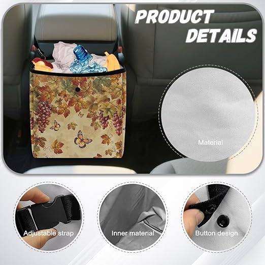 Butterfly Maple Leaf Car Trash Can Cute Leakproof Car Garbage Bag Hanging Trash Bin Grapes Print Automotive Garbage Cans for Back/Front Seat/Console Car Accessories