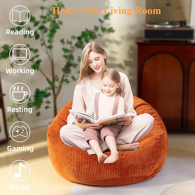 Stuffed Animal Storage Bean Bag Cover (No Filler), Corduroy Kids & Toddler Bean Bag Chair for Teens & Adults, Toy Storage Organizer, Comfy Sofa for Playroom (Amber Color, Kids (Cover Only）)
