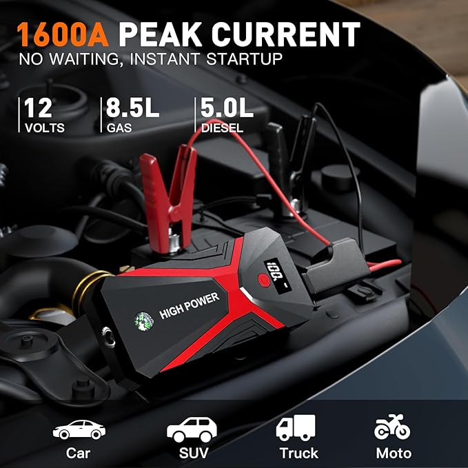 Jump Starter, 1600A 4 in 1 Function Battery Jumper Starter Portable Up to 8.5L Gas & 5.0L Diesel Engines 12V Jump Box for Car Battery with Smart Jumper Cables and LED Flashlight