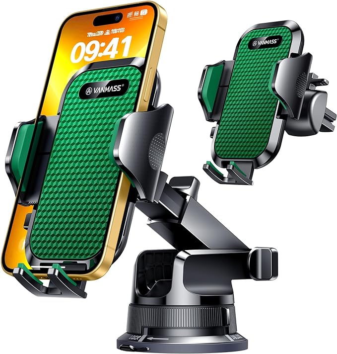 VANMASS [Pro Version] Universal Car Phone Mount [Super Suction Cup] Dashboard Phone Holder, Handsfree Windshield Dash Vent Phone Holder Car, Compatible for iPhone 16 15 14 13 Samsung LG & Truck,Green