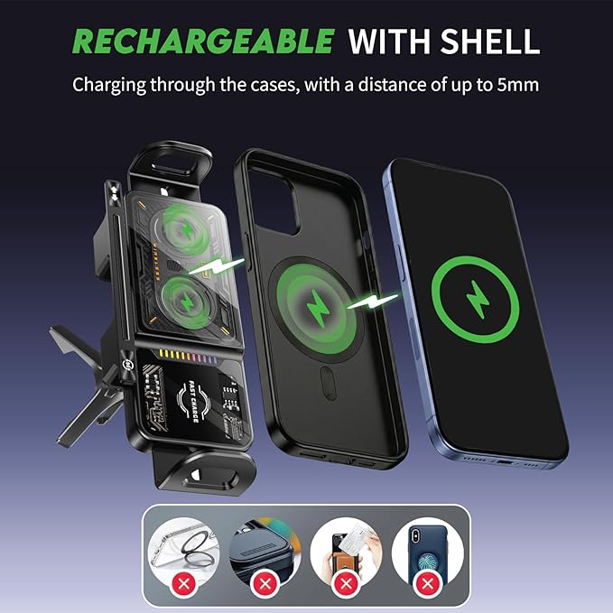 15W Fast Wireless Car Charger Mount, MagSafe Compatible Auto-Clamping & Auto 90° Rotating Phone Holder with Built-in Battery, One-Touch Control, RGB LED Light, Dashboard & Vent Mount