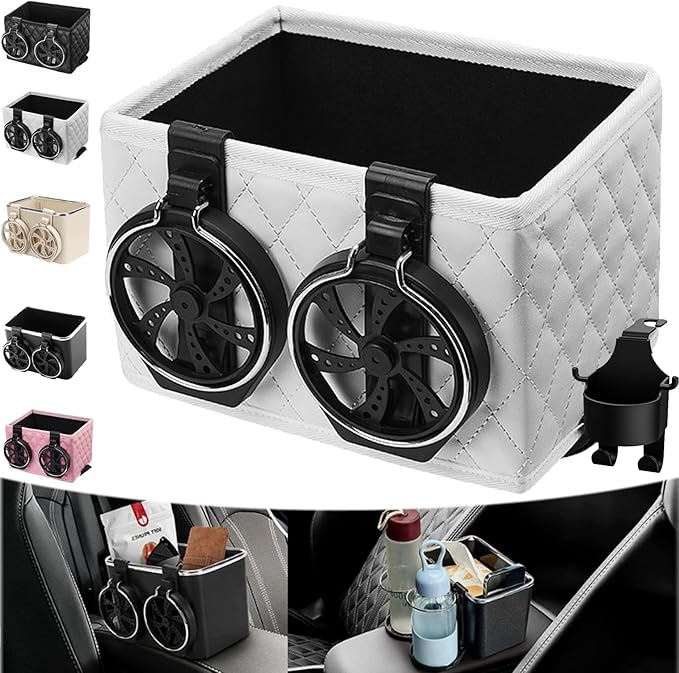 Car Armrest Storage Box with 2 Cup Holders - 2024 New Between Car Seat Organizer with Cup Holder, Universal Car Arm Rest Storage Box Organizer (White)