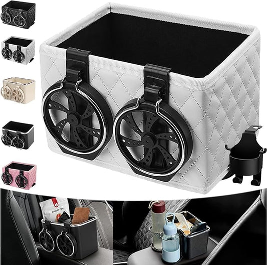 Car Armrest Storage Box with 2 Cup Holders - 2024 New Between Car Seat Organizer with Cup Holder, Universal Car Arm Rest Storage Box Organizer (White)