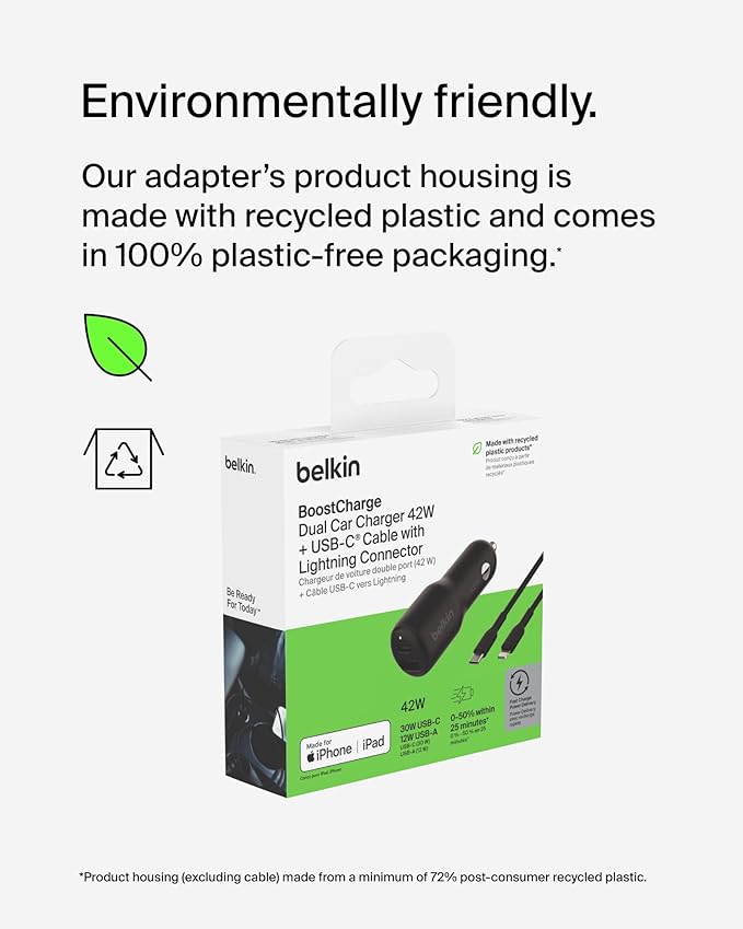 Belkin BoostCharge Dual Car Charger 42W w/Fast Charge USB-C 30W PPS & 12W USB-A Ports + USB-C to Lightning Cable for Apple iPhone 16, Pro, Pro Max, iPhone 15, & More - Black