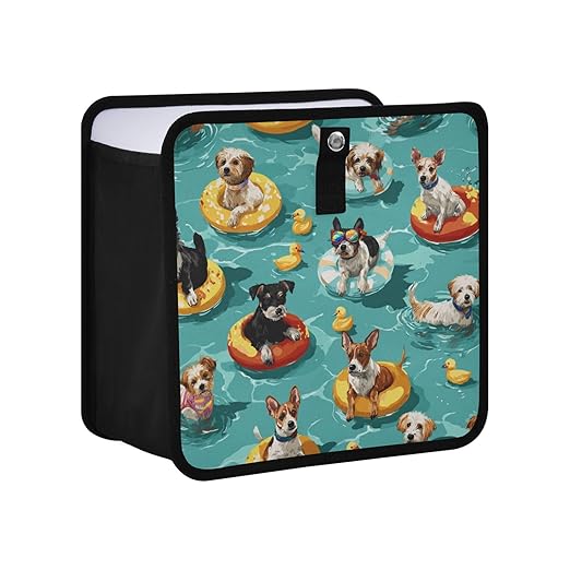 Car Trash Can Organizer Bin with Adjustable Strap for Back Front Seat Console Waterproof Leakproof Collapsible Portable 8.66 Inch Teal Swimming Pool Dogs and Ducks