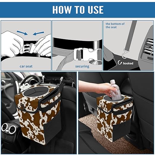 Brown Cow Print Car Trash Can with Lid Collapsible Reusable Waterproof Car Garage Bag,Automotive Garbage Can,Car Accessories Interior Car Organizer