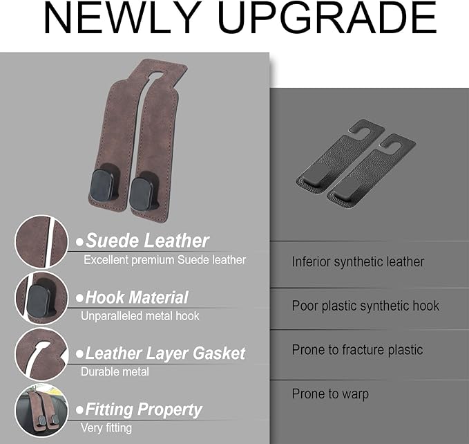 Purse and Bag Hook for Car, Zinc Alloy Seat Headrest Hooks, Upgraded Leather Car Seat Back Purses Hanger and Bags Holder (Brown, 2Pack)