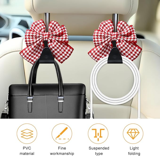 Cute Bow Car Seat Headrest Hooks, 2PCS Multifunctional Vehicle Rear Seat Hanging Hooks, Automotive Interior Seatback Storage Organizer for Purses Bags, Universal Fit (Red/Houndstooth)