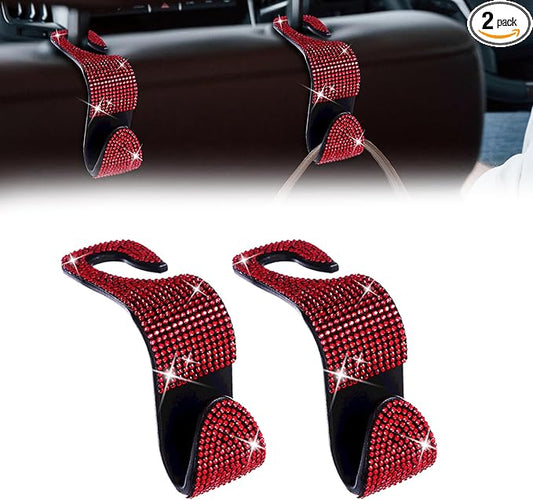 deemars 2 Pack Car Seat Headrest Hooks, Bling Car Organizer Hanger Storage Hooks for Bags, Clothes, Coats, Grocery Bags (Red)