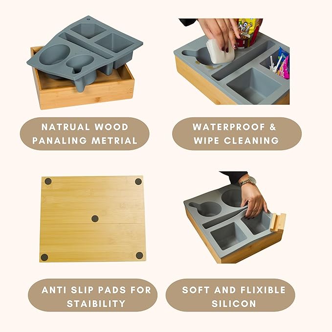 Couch Cup Holder Tray, Versatile Silicone Bamboo Caddy With Adjustable Phone Holder for Bed, Car Seat Organizer and Sofa Waterproof Anti-spill Cup Holder for Snack,Remotes and Drinks (Grey)