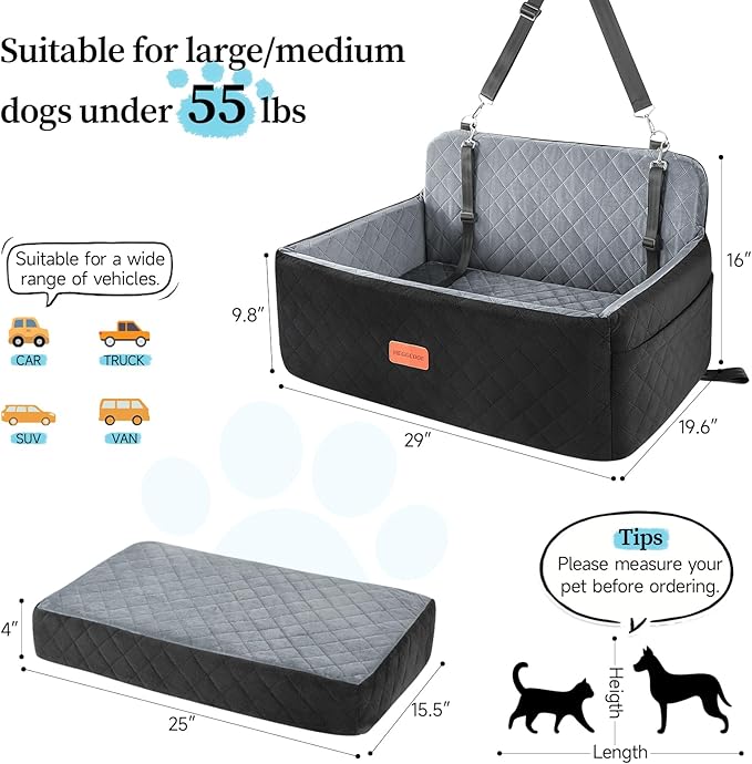 HEGGCOOE Dog Car Seat for Medium/Large Dogs, Pet Booster Seat for Under 55 lbs or 2 Small Dogs, Detachable & Washable Dog Car Bed for Backseat with 2 Safety Leashes (Black/Grey)