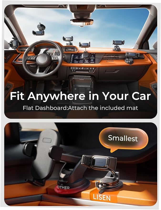 LISEN Suction Phone Mount, [Industry First] Auto-Adjusting Phone Holder Suction, Easy One Touch Suction Cup Phone Mount Cell Phone Mount Car Dash for iPhone 17 Pro Max 16 15 14 Galaxy S26 25 All Cases