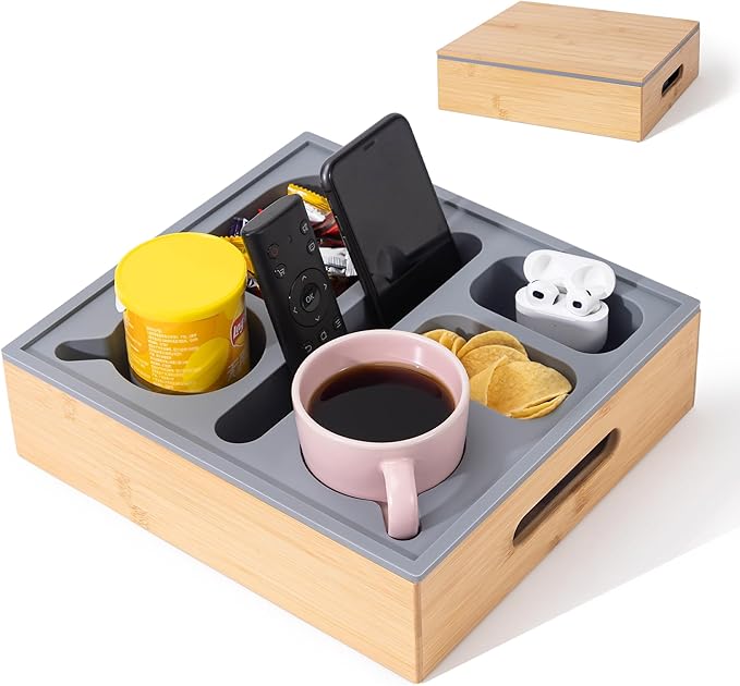 Couch Cup Holder with Lid, Silicone Bed Caddy with Cup Holder, Bed Organizer for Drinks, Snacks, Remotes, Bamboo Couch Caddy for Sofa, Bed and Car(Dark Grey)
