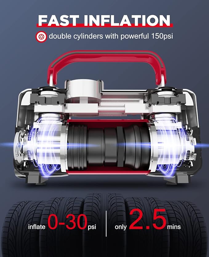 UUP Tire Inflator Air Compressor, 150PSI 12V DC Double Cylinders Heavy Duty Portable Air Pump w/Emergency LED Light for Truck, SUV, Car, RV (red)