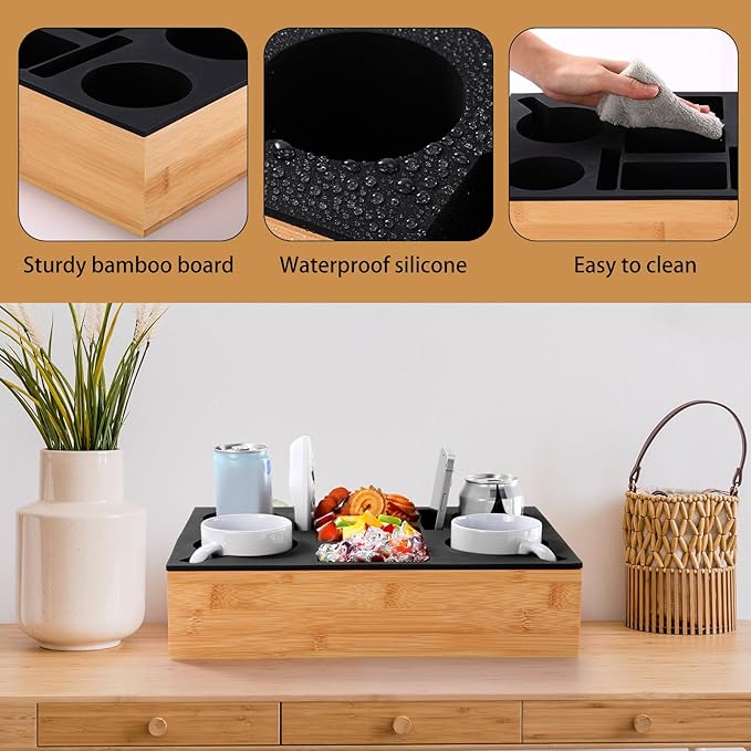Yerliker Couch Cup Holder Tray, Silicone Lining Couch Caddy Waterproof Anti-spill Sofa Cup Holder for Bed Car Seat Organizer, Hold Mugs, Drinks, Snacks, Phones, Remotes(Rectangle,Black,Bamboo)