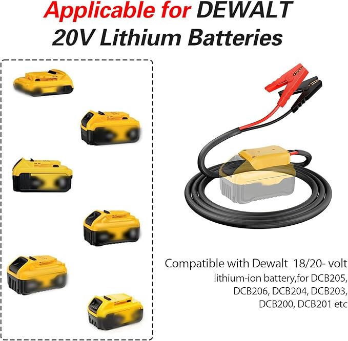 Jumper Cables with Adapter for Dewalt 20V Battery, 3.3FT 8AWG Portable Battery Jumper Starter Automotive Booster Cables Power for Car Jump Starting Using Tool