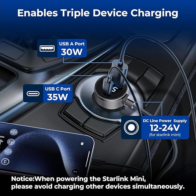 Starlink Mini Cable, 3 in 1 Starlink Mini Car Charger DC Power Cable+ Cigarette Lighter Adapter 12V-48V with Digital Display, Durable USB C PD 40W and USB A 35W Ports for Trucks and Cars (13.1FT)