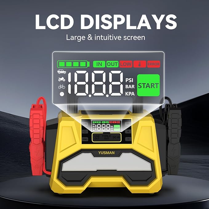 Jump Starter with Air Compressor, 9000A 150PSI Car Jump Starter, 24000mAh Portable Jump Starter Pack(All Gas/12.0L Diesel), 12V Battery Jump Starter with Display, USB Port, 2 LED Light