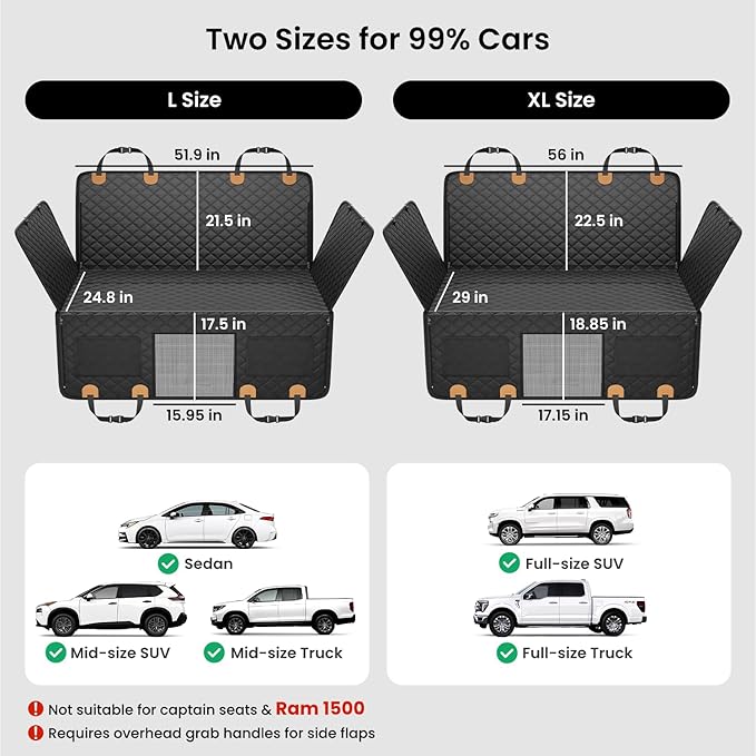 REEVAA Dog Car Seat Cover for Back Seat, Hard Bottom Dog Hammock, Pet Bed Extender for 2-4 Large/Medium Dogs, Waterproof Seat Protector, Universal L Size for SUV Medium Truck, Black+Orange