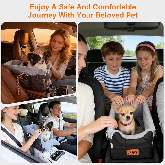 Vivifying Center Console Dog Car Seat for Small Dogs Up to 10 lbs, Plush Pet Booster Seat with Safety Leash, Adjustable Straps, Storage Pocket, Portable Car Seat for Puppies, Black & Grey