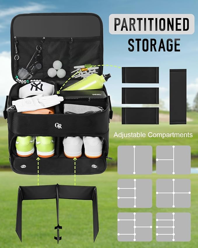 Fathers Day Dad Gifts for Men，Odor-Absorbing 2-Layer Large Golf Trunk Organizer with Activated Carbon Fabric - Water-Resistant Golf Shoe Bag for Shoes Balls Tees Clothes Gloves Golf Accessories