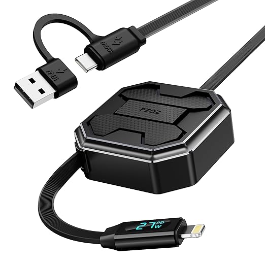 pzoz Retractable 2-in-1 Charging Cable with LED Display, Multi USB C & USB A to Lightning for iPhone Pro Max iPad mini for Car CarPlay Desktop Management Organizer