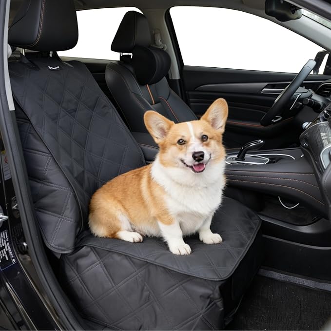 Dog Front Seat Cover for Car, Waterproof 600D Oxford Cloth Pet Seat Protector with Side Flaps, Durable Dog Car Seat Cover Front Passenger for Bucket Seat/Captain Chair, Full Protection (Black)
