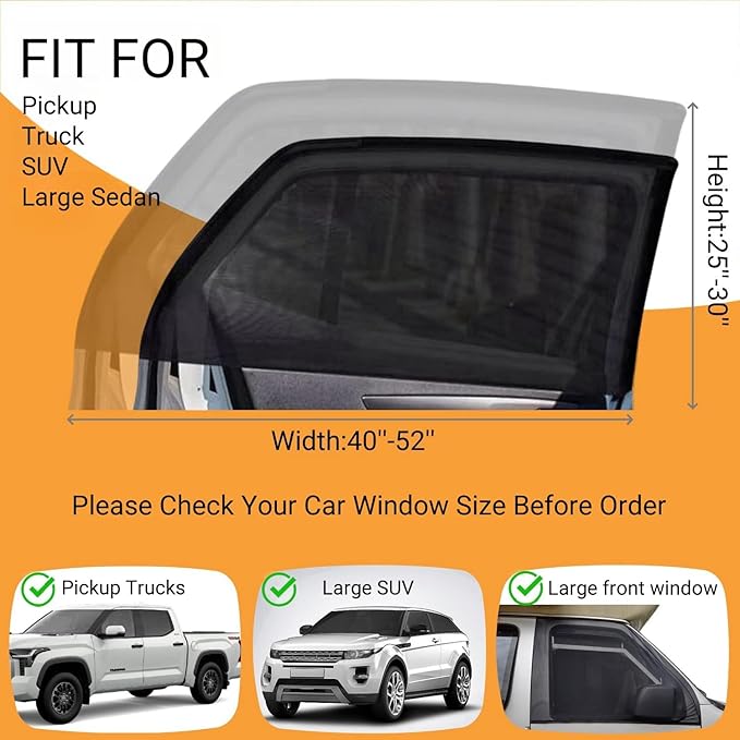 2Pack Large Size Super Elastic 42" to 53" Car Window Sunshades, for Large SUV, Pickup, Truck, Minivan, Breathable Mesh Window Screen, Side Window Screen for Car Camping