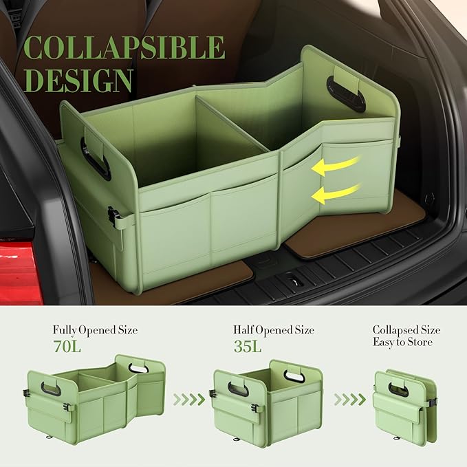 Trunk Organizer For Suv & Sedan,Car Organizers and Storage, Waterproof Collapsible & Adjustable Straps,70L Sturdy Car Organization for Car Accessories, Tools,Sundries,2-3Compartment（Green