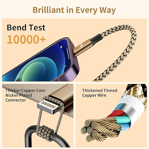 Travel Essentials, Dual Type-C 4 in 1 Charging Cable 2 Pack 5FT Multi Charging Cables for All Devices,iPhone Charger Cord Adapter 2 USB-C/IP/Micro Port for Phones,Pad,Galaxy (Gold)