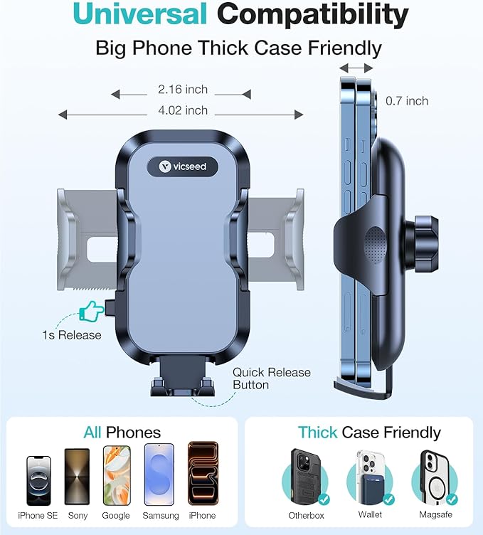 VICSEED Upgrade Ultra Stable Car Phone Holder Mount【Double Lock Metal Clip】 Universal Air Vent Phone Mount,Mobile Cell Phone Holder for Your Car,for iPhone 17 Pro Max 16 and All Phone