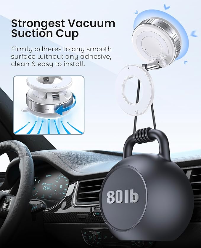 Jononser Magnetic Suction Cup Phone Mount for Magsafe, 360° Adjustable Magnetic Car Phone Holder, Pocket Size Foldable Car Mount, Phone Holders for Your Car for iPhone 17 16 15 14 13 12 Series,White