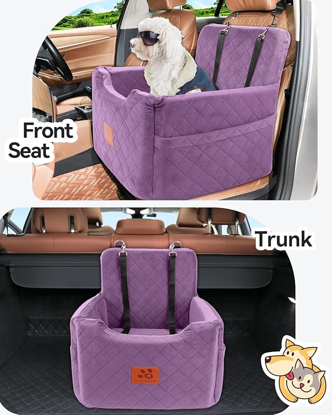 GL GLENSLAVE Dog Car Seat for Small/Medium Dogs Under 35lbs,Memory Foam Dog Booster Seats,Detachable and Washable Traval Pet Car Seat, Dogs Bed with 2 Safety Belts (Purple)