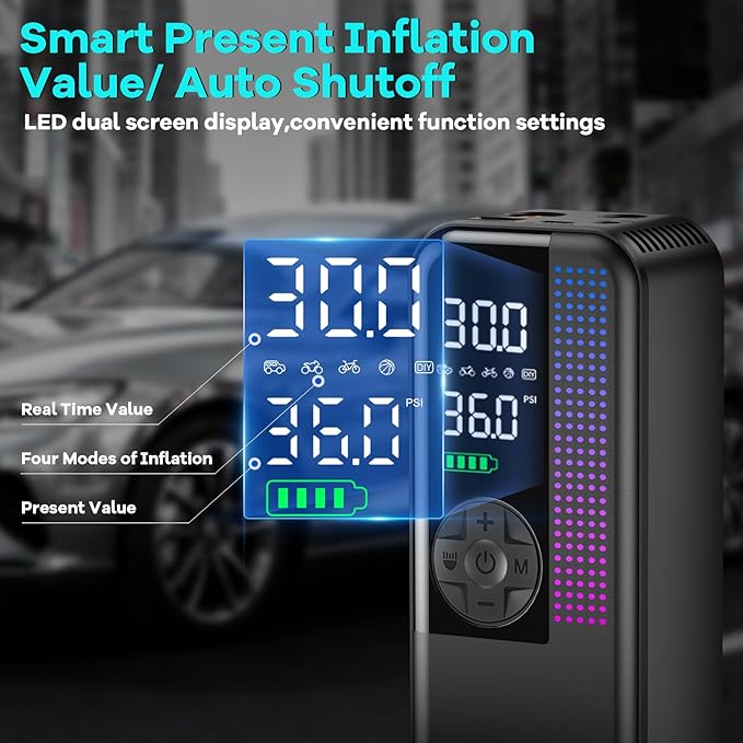 WEOLULI Tire Inflator Portable Air Compressor,150 PSI Cordless Air Pump, 12V DC Car Plug,Dual Power 10000mAh, Fast Inflation 24L/Min, 4 Preset Modes for Car, Bike, Motorcycle, Balls (Black, 10000mAh)