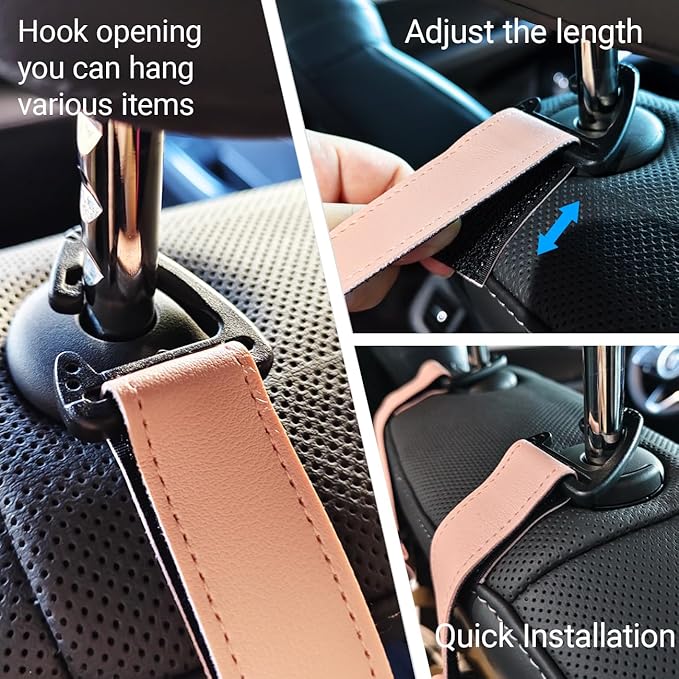 4Pcs Car Purse Hooks, Adjustable Leather Headrest Hooks for Car, Seat Back Organizer for Bags Purses (Pink)