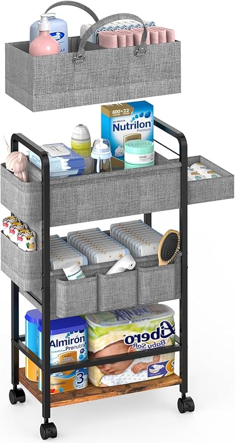 2In1 Baby Diaper Caddy & 4-Tier Rolling Diaper Cart, Diaper Caddy Organizer Cart with Dividers & Drawer, Mobile Metal Bedside Cart for Nursery Essentials Storage, Large Capacity