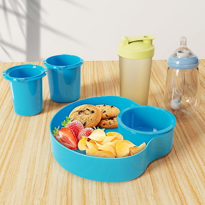 Car Seat Snack Tray for Kids: Kids Car Travel Tray with Cup Holder, Toddlers Road Trip Essential, Snacks Food Plate for Stroller, SnackTray with a Cup Holder (2, Sky Blue)