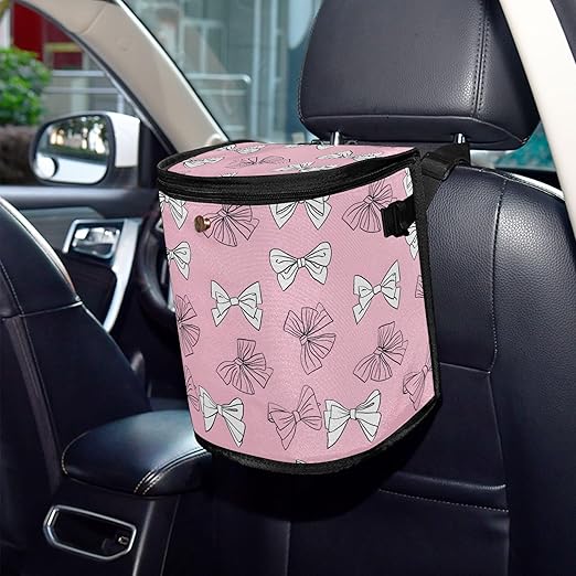 White Pink Bow Car Trash Can with Lid for Back Seat Car Trash Bin Hanging Leakproof Automotive Garbage Can Car Organizer