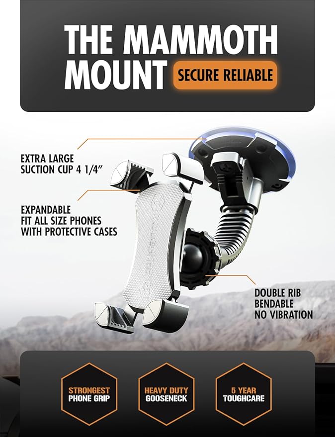 ToughTested Mammoth Truck Windshield Phone Mount, Vibration Absorbing Car Phone holder with One-hand Quick Release, Double-ribbed Gooseneck, Expandable Claw Grip, 360 rotation, Extra Large Suction Cup