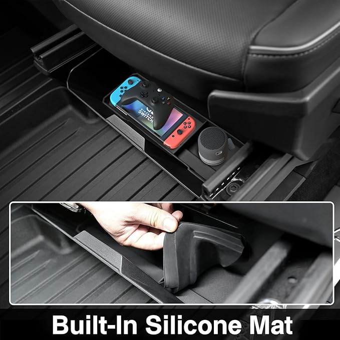 Front Under Seat Storage Box Compatible with Tesla Cybertruck 2026 2025 2024, Under Seat Organizer with Silicone Pad for Cybertruck Accessories