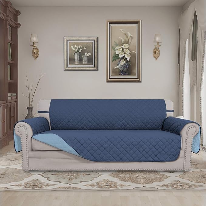 Easy-Going 4 Seater Sofa Slipcover Reversible Sofa Cover Water Resistant Couch Cover with Foam Sticks Elastic Straps Furniture Protector for Pets Children Dog Cat (XX-Large, Dark Blue/Light Blue)