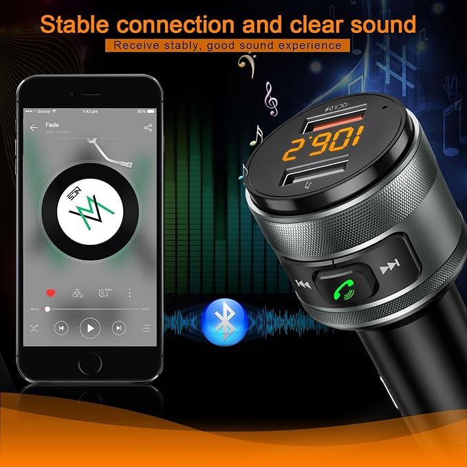 IMDEN Bluetooth 5.4 FM Transmitter for Car, MP3 Music Player Wireless Radio Adapter Kit with QC 3.0 Fast Charger, Hands-Free Calling, Supports USB Drive for 12V/24V Vehicles