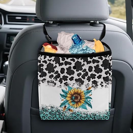 Cowhide Leopard Sunflower Car Trash Can Leak Proof Auto Trash Bag Hanging Vehicle Garbage Can Multipurpose Storage Container for Back Seat Car Accessories