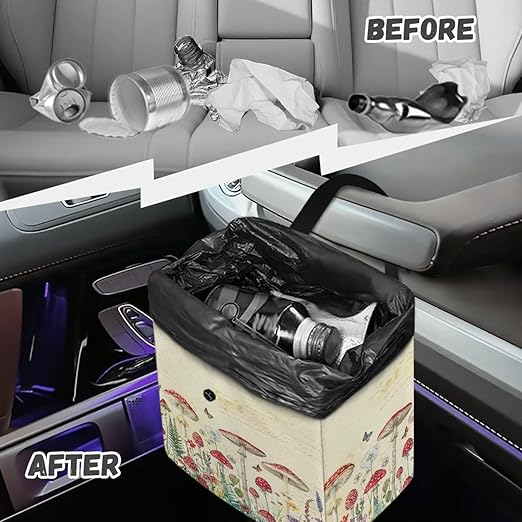 Butterfly Mushroom Dandelion Car Trash Bag Hanging, Garbage Bag and Water Resistant Trash Can for Car, Leakproof Trash Can for SUV Truck Car Accessories, Beige
