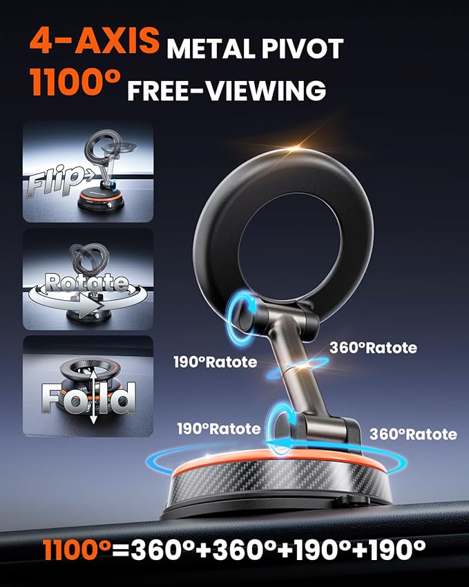 Upgraded Car Phone holder for Magsafe [120LBS Suction Cup & 3000gf Magnet ] 1100° Adjustable Vacuum Magnetic Phone Holders for Your Car, Dashboard Car Mount Bracket for iPhone & Android, Carbon Fiber