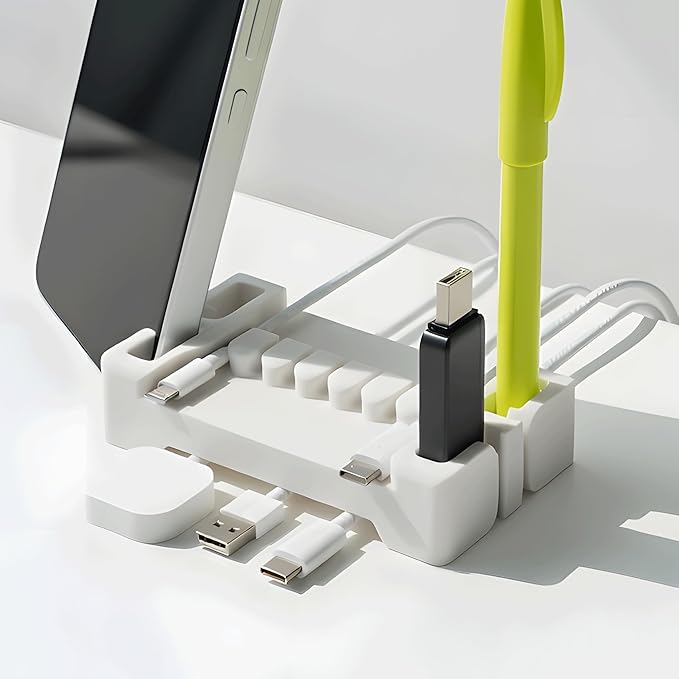 DeskBrick Silicone + Steel-Weighted Cord Holder for Desk. Weighted Cord Organizer & Cable Management for Desktop. Useful Phone Accessory & Cable Holder for Office, Home. No Adhesive. Light Gray