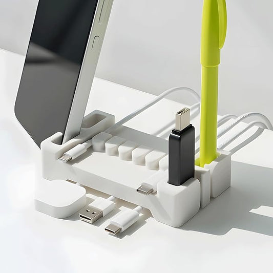 DeskBrick Silicone + Steel-Weighted Cord Holder for Desk. Weighted Cord Organizer & Cable Management for Desktop. Useful Phone Accessory & Cable Holder for Office, Home. No Adhesive. Light Gray